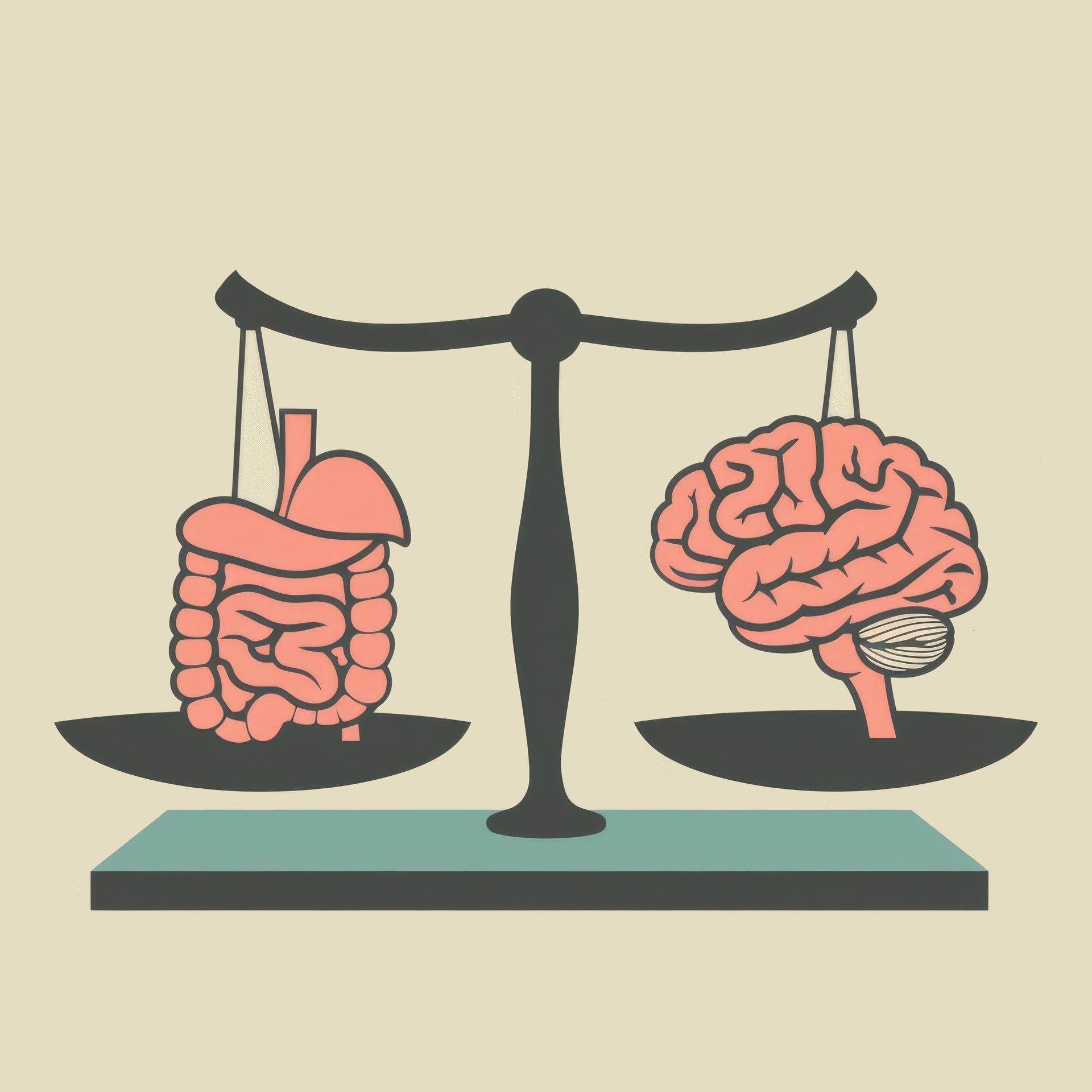 Balancing scale with a brain on one side and intestines on the other.