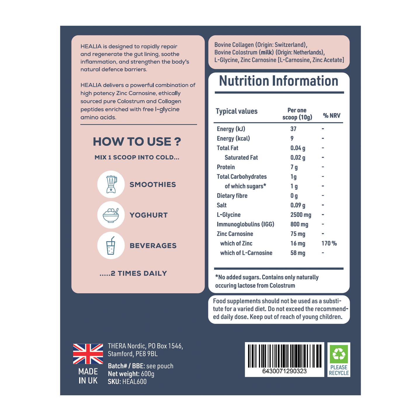 HEALIA ingredient and nutrition information panel