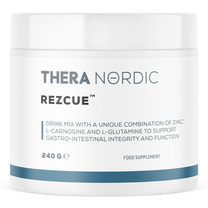 Container of Thera Nordic Rezcue dietary supplement, supporting gastrointestinal health.